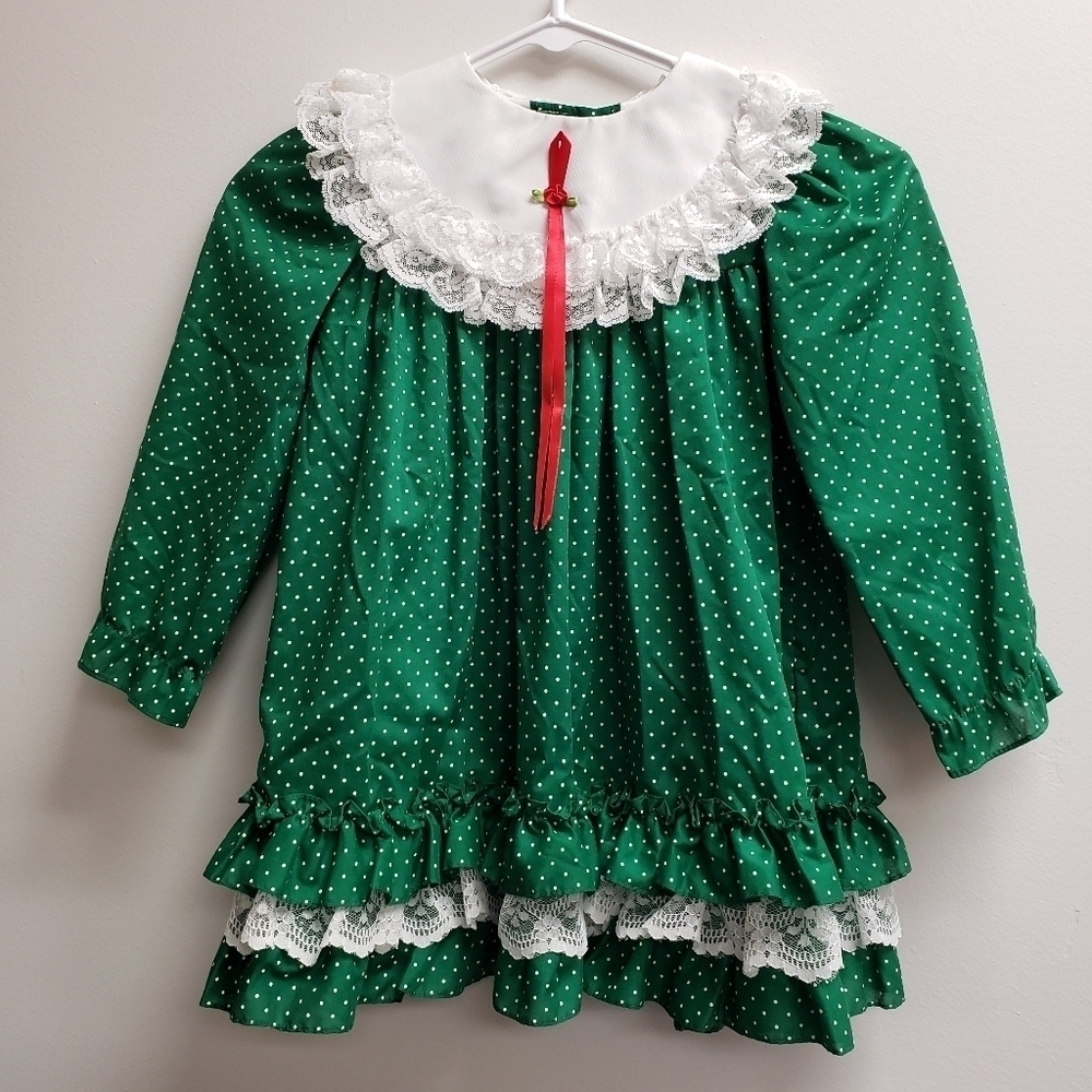 Disney Winnie the Pooh Girls Christmas Holiday Dress Green Polka Dot Size 5